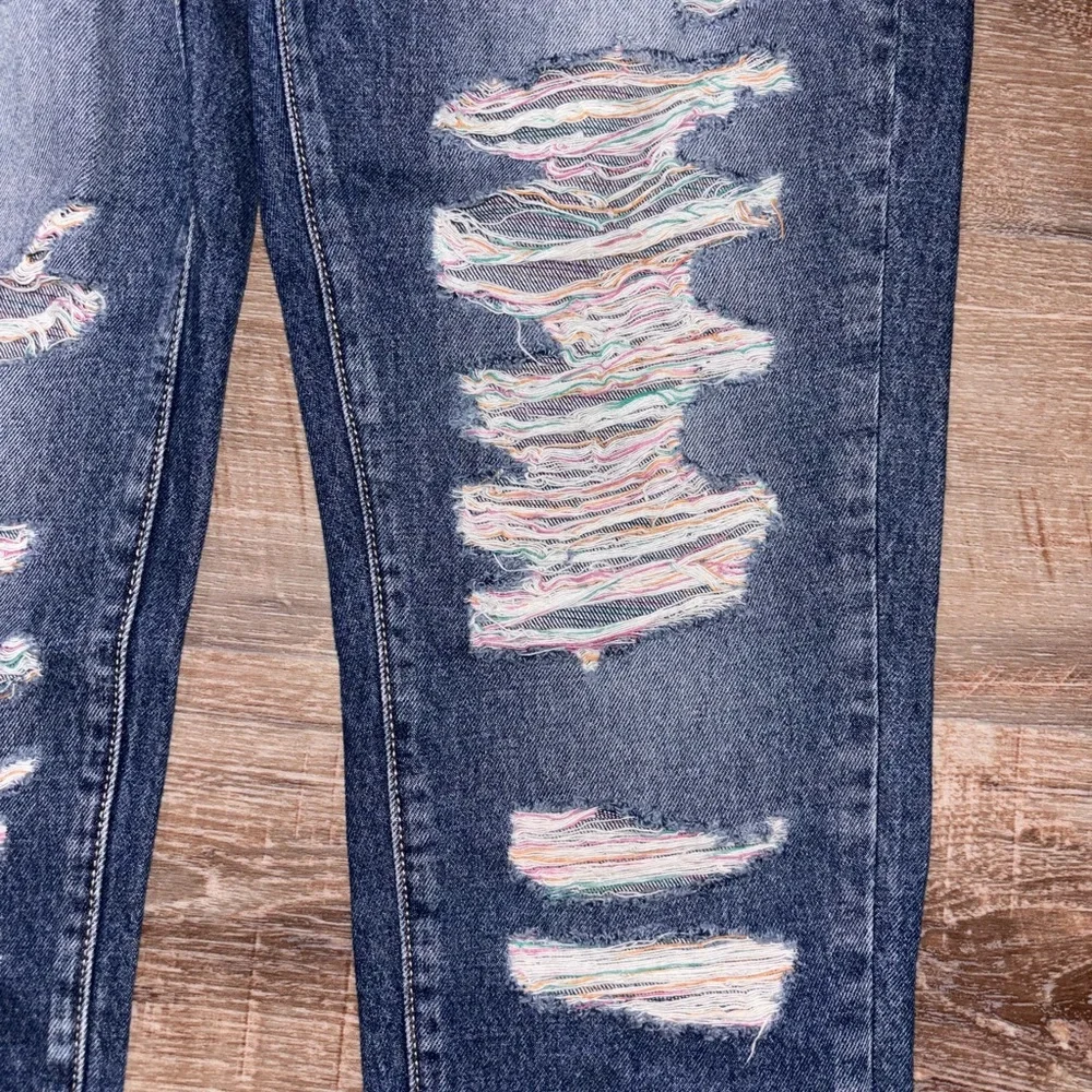 KanCan Distressed Dark Blue Skinny Jeans with Multicolor Rips - Picture 2 of 7